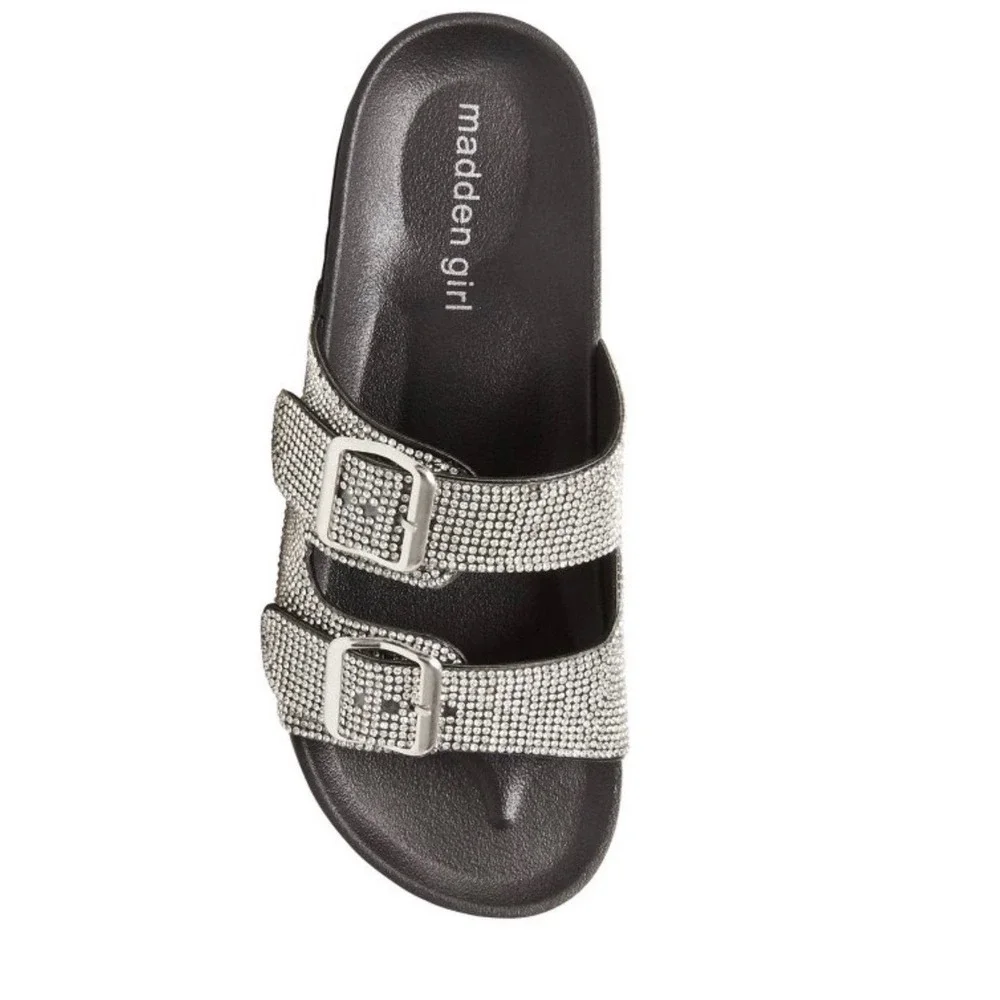 Madden Girl women's rhinestone-embellished double-buckle slide sandals NWOT 8
